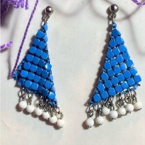Vintage, blue mesh earrings with white bead embellishments.